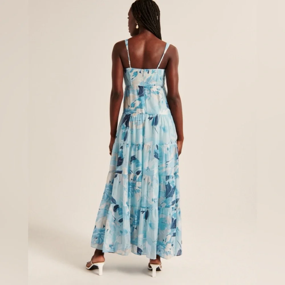 Abercrombie Blue Floral Maxi Dress Tiered Ruched Babydoll XS NWT Summer
